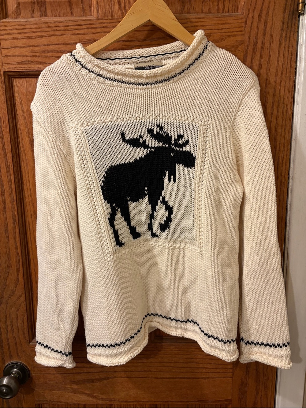 Parkhurst Weekend Cream Crewneck Sweater with Black Moose Motif Recycled Cotton